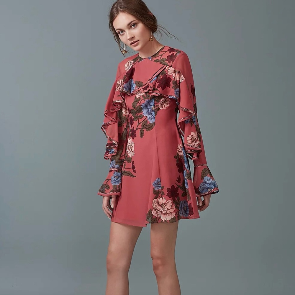 KEEPSAKE the Label Pink Floral Long Sleeve Night Lights Flare Ruffle Dress | XS